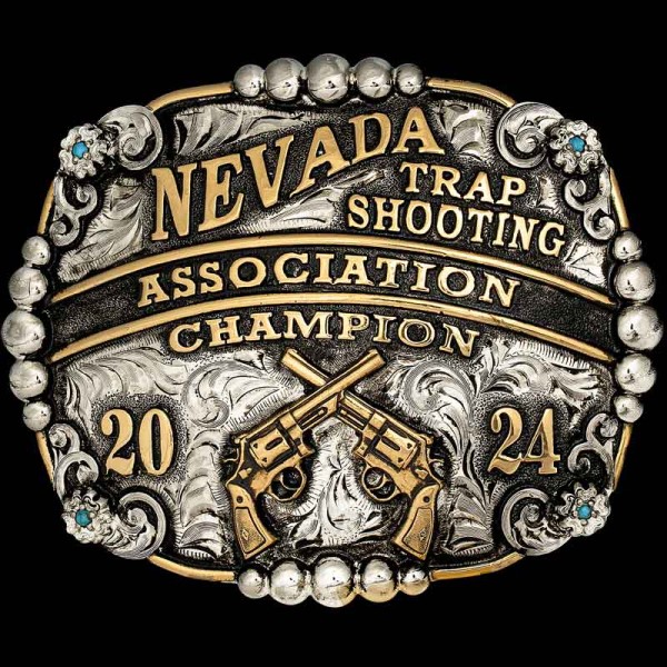 The Jacksonville Belt Buckle  is a classic trap shooting trophy buckle with large silver beads, silver flowers and black enamel on the bronze lettering. Customize it with your prefered gun figure or logo!